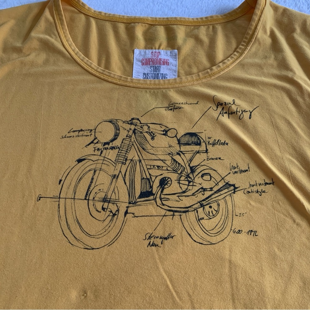 Women’s Large BMW Motorrad Mustard Yellow Motorcycle Sketch Graphic T-Shirt - Picture 2 of 8